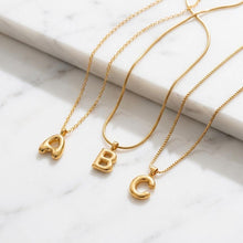 Custom Bubble Initial 18 or 14K dainty cable, snake or box chain necklace, personalized bubble letter, gift for her